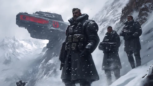 Storm-armored strike team beneath a colossal war walker.