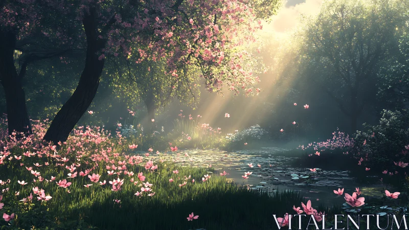 Volumetric sunbeams across blossom-dense lakeside glade.
