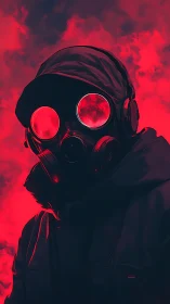 Figure in gas mask under red sky, harsh dramatic lighting.