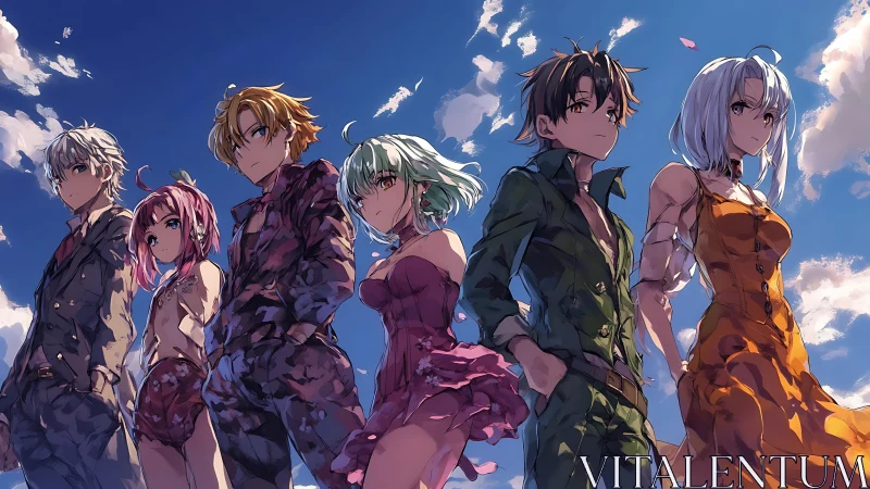 Determined anime heroes stand united beneath a vivid sky