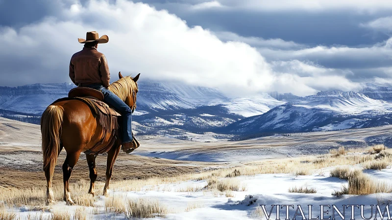 Mounted rider surveys snow-dusted mountain valley under dense clouds