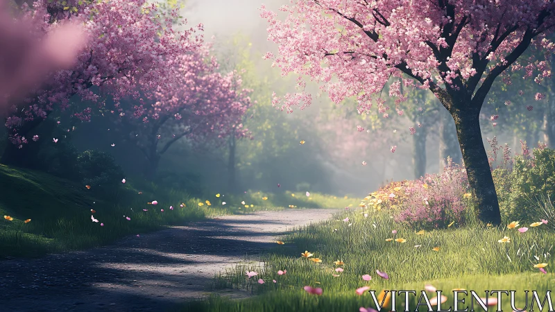 Petal-bright springtime path curls through a misty dream grove