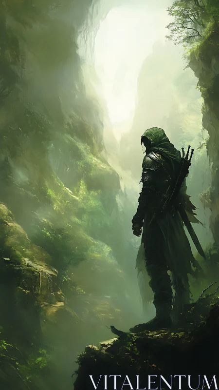 Hooded ranger silhouette overlooking misted green canyon