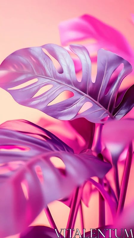 Iridescent monstera foliage under magenta gradient lighting