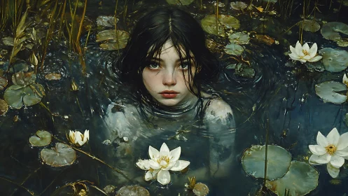 Haunting girl in moonlit lily pond holds a quiet gaze