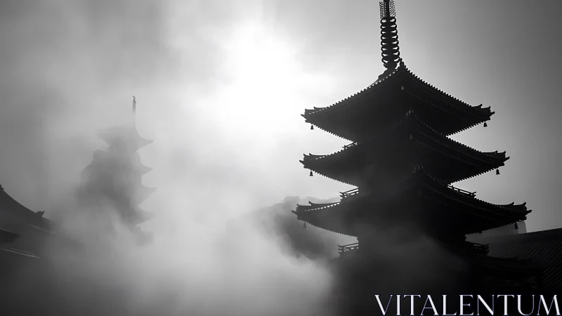 Pagoda silhouettes in dense fog with backlit sun.