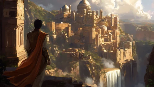 Lone wanderer beholds a sunlit cliffside fantasy citadel
