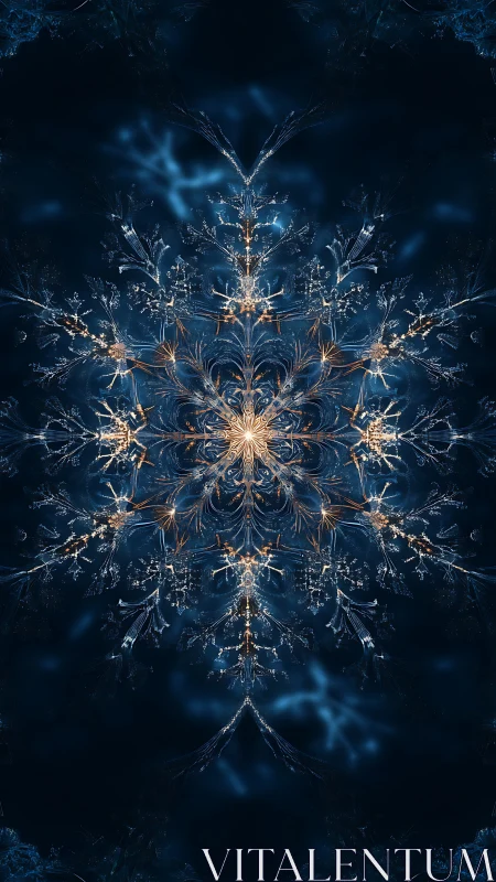 Fractal snowflake mandala with luminous filigree symmetry on blue