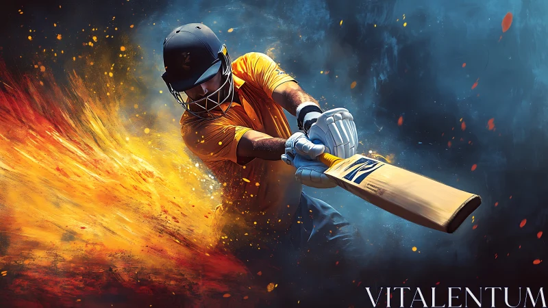 Cricket batsman drives ball through explosive fiery impact