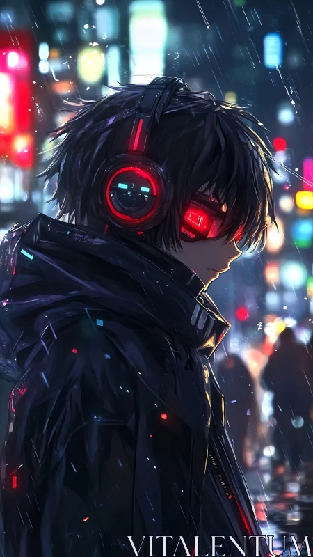Neon-drenched cyber youth in rain with glowing headset gaze.