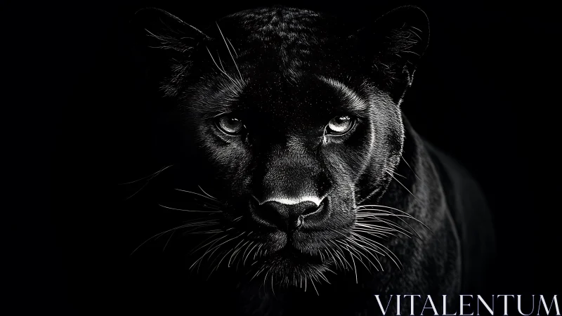 High-contrast black and white portrait of cougar with piercing luminous eyes