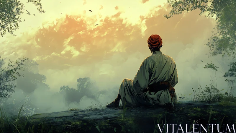 Solitary figure seated on hillside facing misty sunrise.