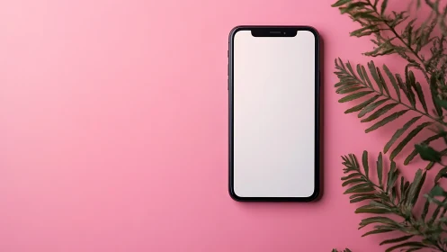Smartphone mockup on pink with green palm foliage.