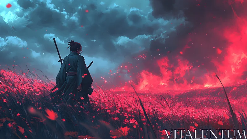 Samurai observes distant wildfire across red flower field