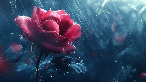 Rain-kissed crimson rose glowing through a stormlit dusk.