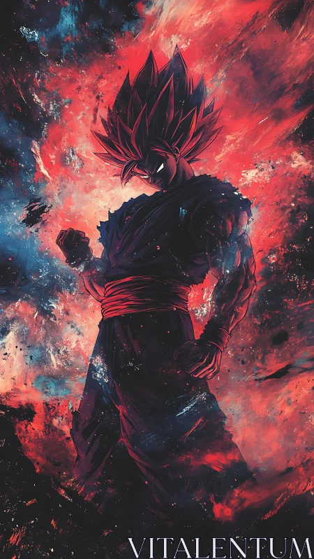 Red-haired anime warrior stands in swirling fiery energy field