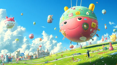 Floating character balloons over stylized grassy cityscape.