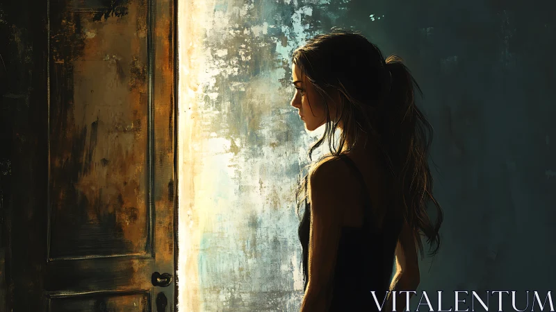 Woman standing in doorway with dramatic side lighting.