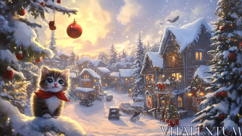 Snowy village kitten with Christmas lights and warm glow.