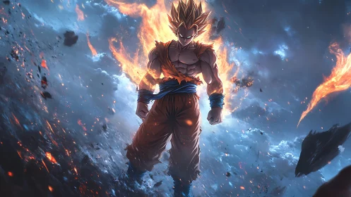 Energy-charged anime warrior in atmospheric combustion field.