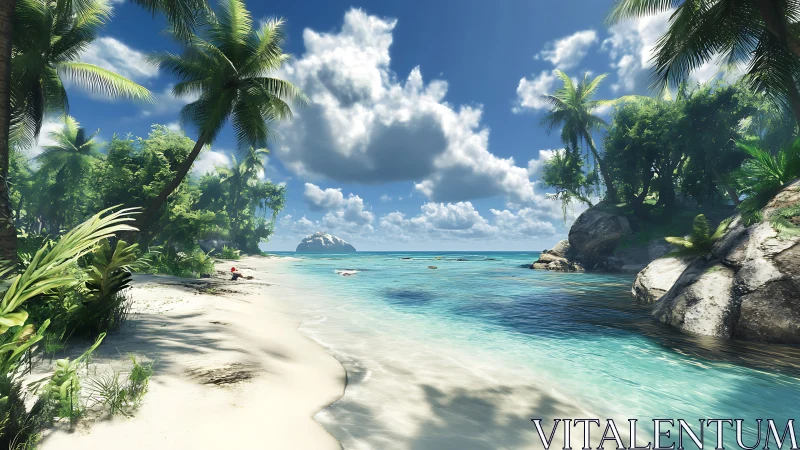 Tropical beach cove with palm trees, white sand, and crystal blue water.