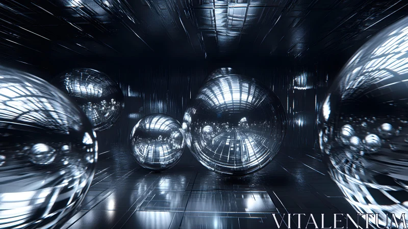 Glowing chrome spheres drift through a futuristic corridor.