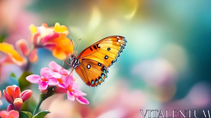Orange butterfly on pink flowers in soft blurred garden.