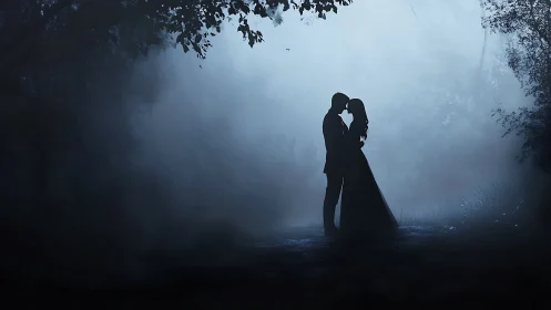 Silhouetted Couple Embraces in Misty Forest Path