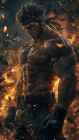 Battle hardened warrior amid burning embers and smoke.