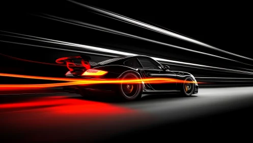 Black sports car cuts through neon speed trails at night