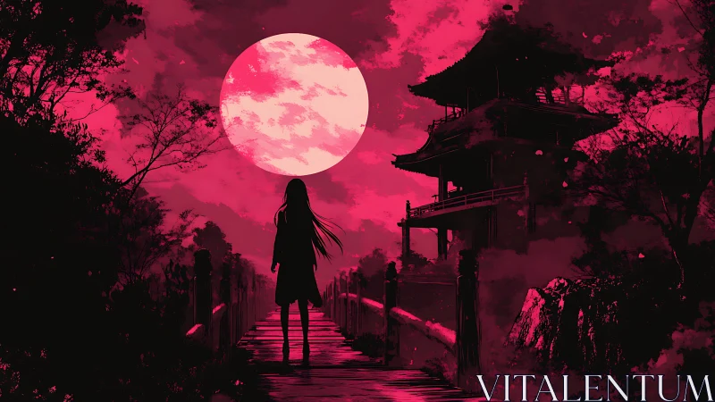 Girl walks toward a crimson moon above a silent temple