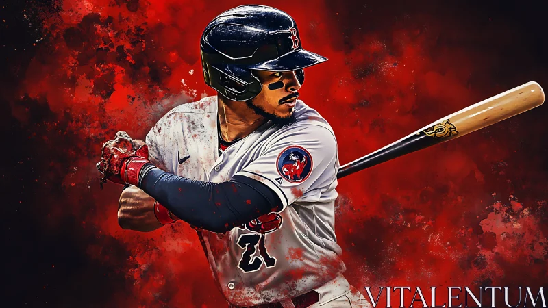 Powerful baseball swing frozen in bold red energy.