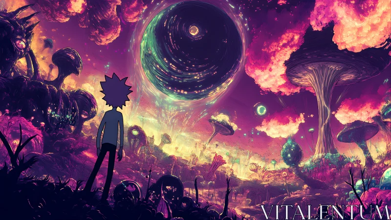 Stargazing wanderer in a glowing neon alien dreamscape.