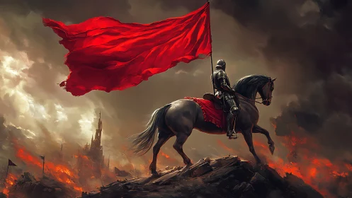 Mounted armored figure holds large red flag over ruined city