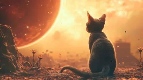 Feline silhouette observing stellar horizon under molten sky.