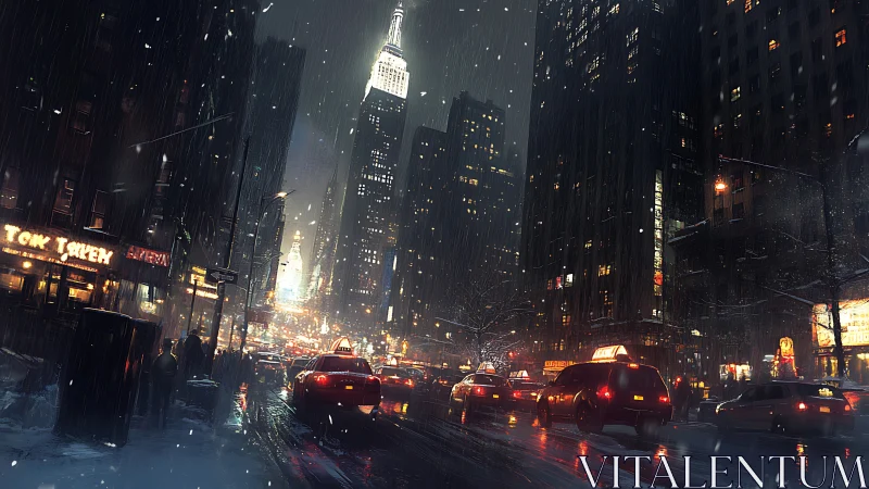 Nocturnal snowstorm taxis under high-rise luminance grid.