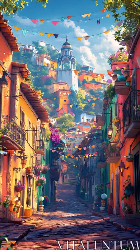 Sunlit hillside fiesta street under ribbons of color and bells.