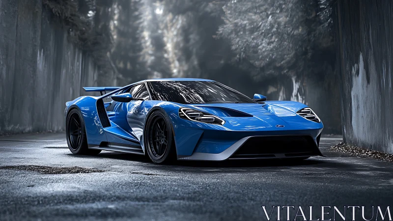 Photorealistic blue supercar in cinematic tunnel lighting.