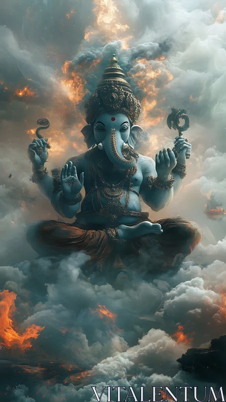 Divine blue Ganesha floating in fiery storm clouds.