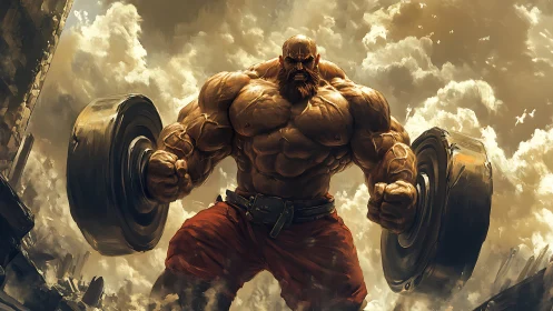 Titanic muscular colossus lifting circular steel monoliths.