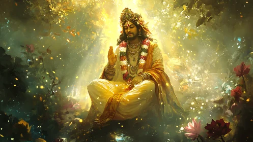 Golden mystic sits in radiant forest, blessing drifting light