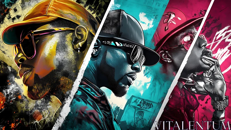 Streetwise hip hop portraits collide in bold neon panels.