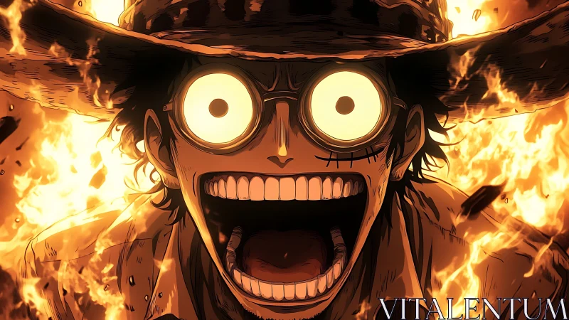 Intense anime close-up shows screaming figure engulfed in flames