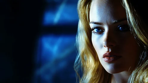 Close-up portrait of woman in blue low key studio lighting.