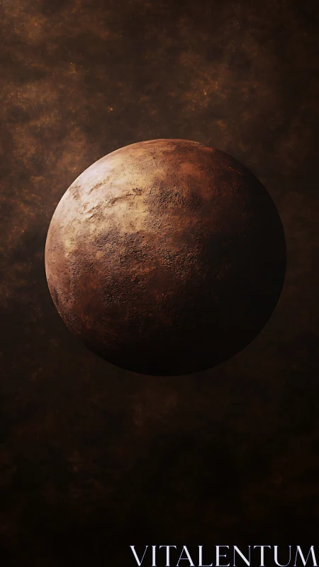 Spherical rocky planet is displayed against dark nebular field