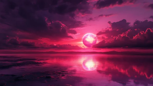 Crimson moon over reflective sea under dense clouds.