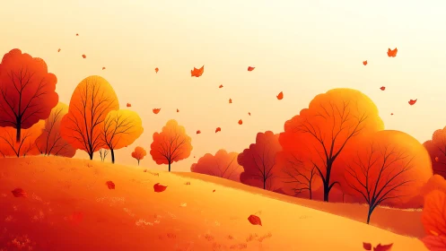 Autumn hillside grove with stylized orange foliage under wind.