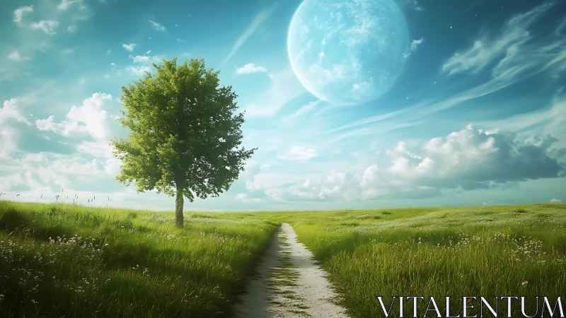 Solitary tree under luminous blue moon above meadow path.