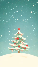 Snowflake-sprinkled hill cradles a peppermint-bright tree