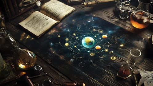 Arcane star map merges alchemy desk with cosmic diagram.